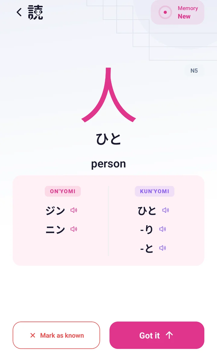 Kanji introduction for 人, read ひと (kun) and ジン, ニン (on), meaning person.
