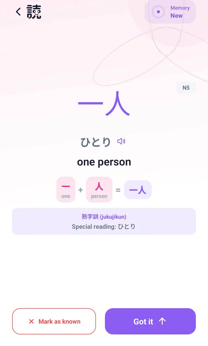 Word introduction for 一人, read ひとり, meaning one person, built from 一 and 人.